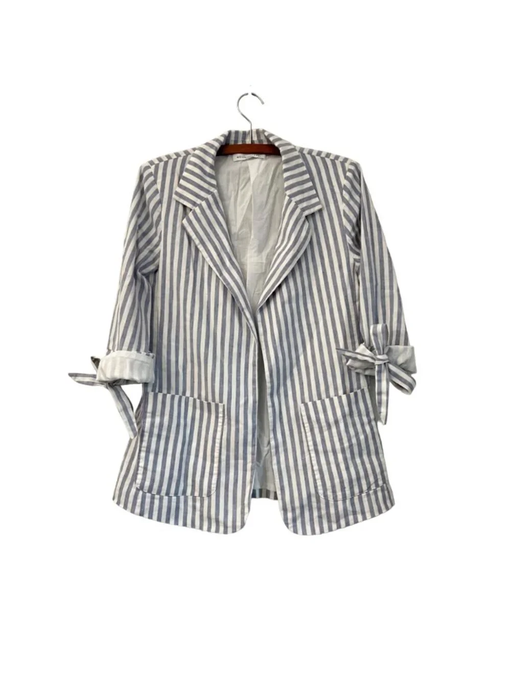 Anthro Melissa Nepton Womens Blue Striped Linen Blend Tie Sleeves Open Blazer S